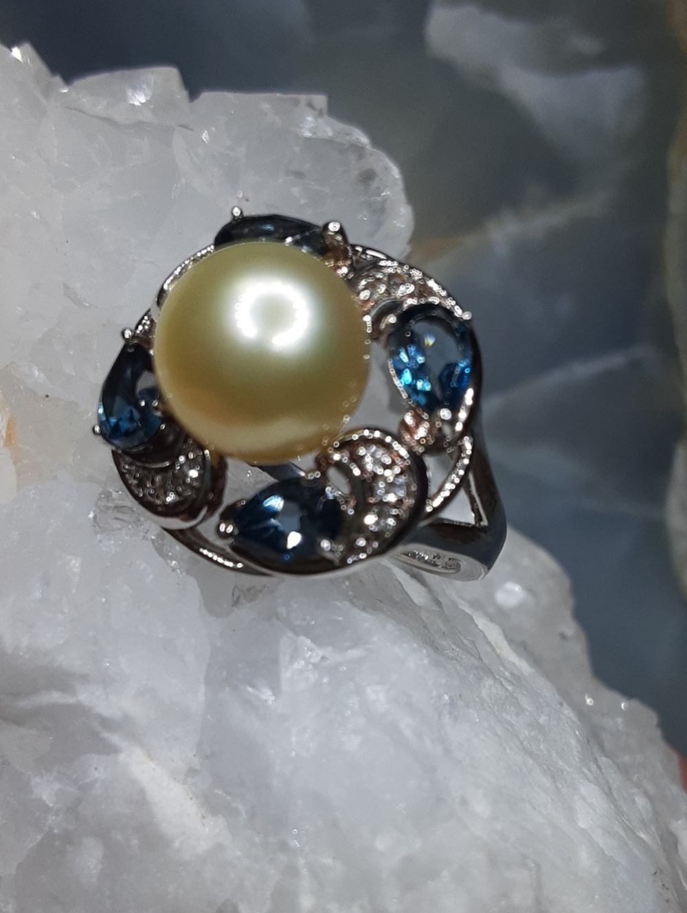925, 10mm Genuine Golden South Sea, London Blue & White Topaz Ring.